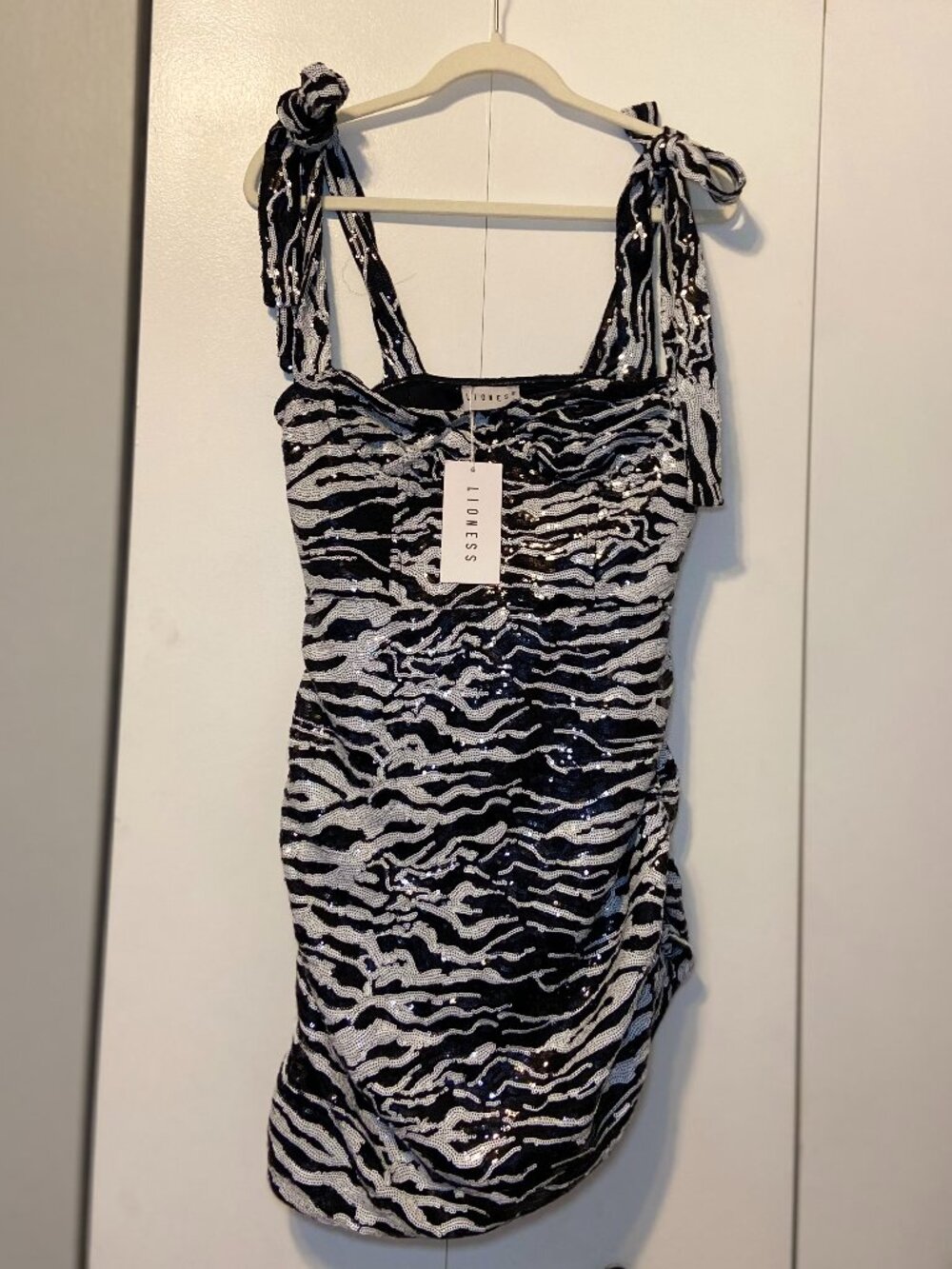 Lioness Senorita Zebra Print Sequin Mini Dress NWT Size L Tie Shoulder Bodycon